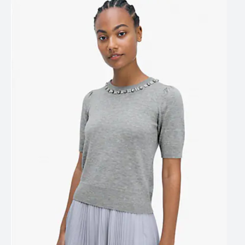 Kate Spade pearl crystal collar sweater grey heather size small nwot